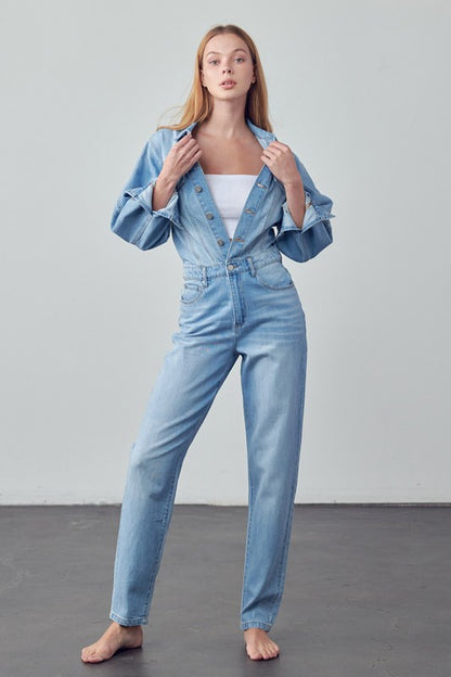 High Waist Flap Pocket Half Button Denim Jumpsuit - steven wick