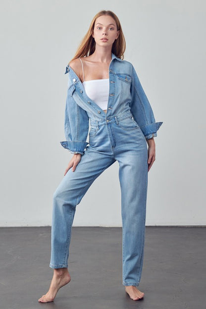 High Waist Flap Pocket Half Button Denim Jumpsuit - steven wick