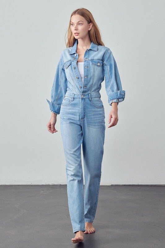 High Waist Flap Pocket Half Button Denim Jumpsuit - steven wick