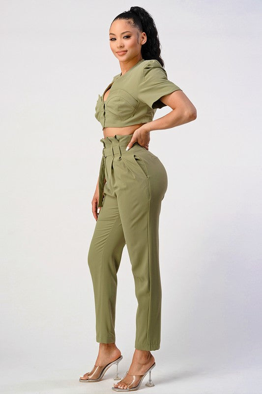 Two Piece Olive Hue Cropped Top And Belted Pant Set - steven wick