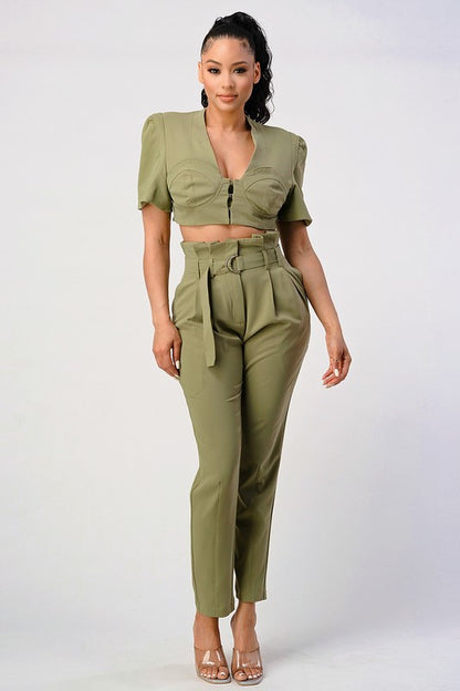 Two Piece Olive Hue Cropped Top And Belted Pant Set - steven wick