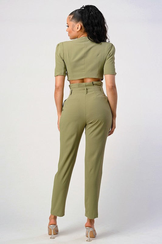 Two Piece Olive Hue Cropped Top And Belted Pant Set - steven wick