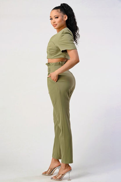 Two Piece Olive Hue Cropped Top And Belted Pant Set - steven wick