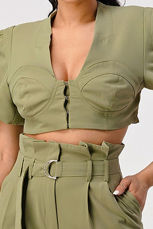 Two Piece Olive Hue Cropped Top And Belted Pant Set - steven wick