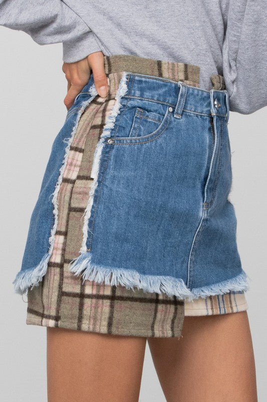 Plaid Checker Mini Denim Skirt - steven wick