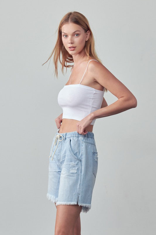 Mid-Rise Light Wash Denim Slouch Shorts - steven wick