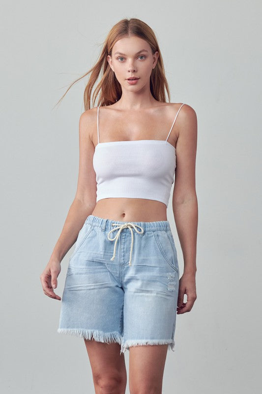 Mid-Rise Light Wash Denim Slouch Shorts - steven wick