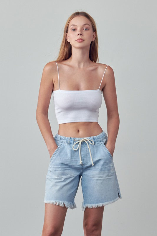 Mid-Rise Light Wash Denim Slouch Shorts - steven wick