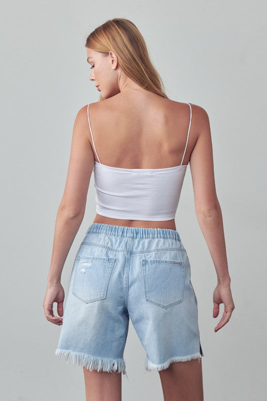 Mid-Rise Light Wash Denim Slouch Shorts - steven wick