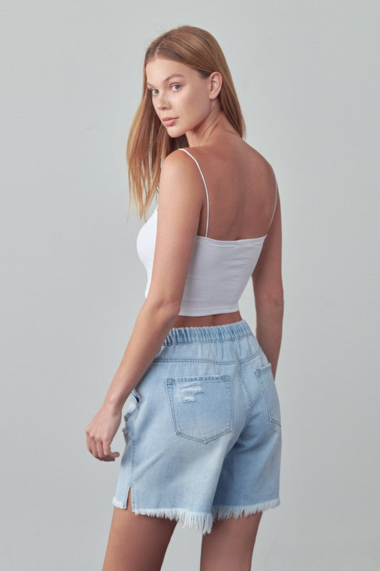 Mid-Rise Light Wash Denim Slouch Shorts - steven wick