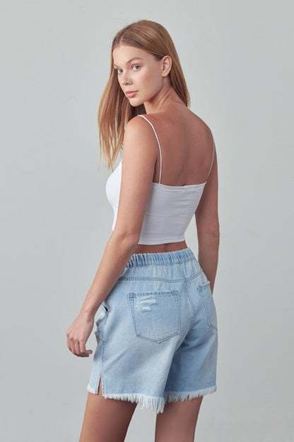 Mid-Rise Light Wash Denim Slouch Shorts - steven wick