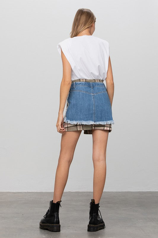 Plaid Checker Mini Denim Skirt - steven wick