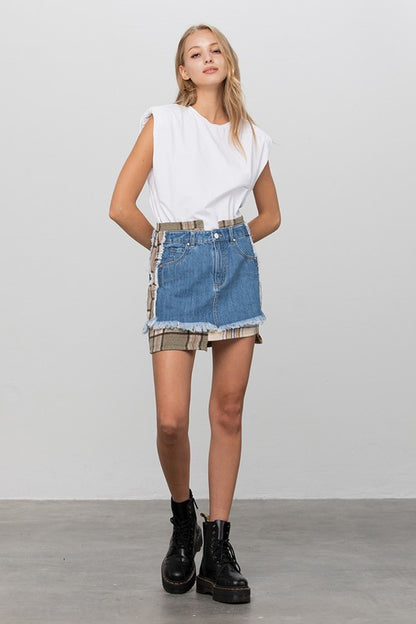 Plaid Checker Mini Denim Skirt - steven wick