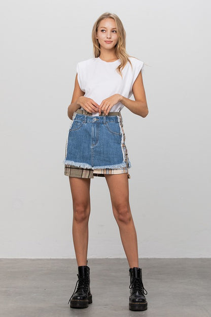 Plaid Checker Mini Denim Skirt - steven wick