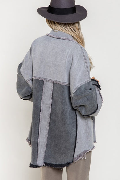 Denim Long-Sleeved Colorblock Oversized Jacket