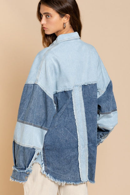 Denim Long-Sleeved Colorblock Oversized Jacket