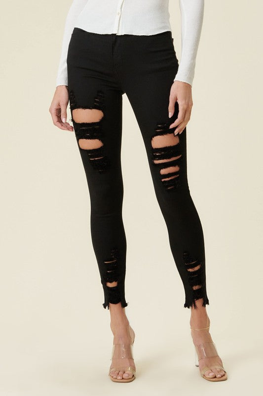 High Rise Distressed Skinny Pants With Raw Hem - steven wick