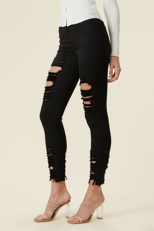 High Rise Distressed Skinny Pants With Raw Hem - steven wick