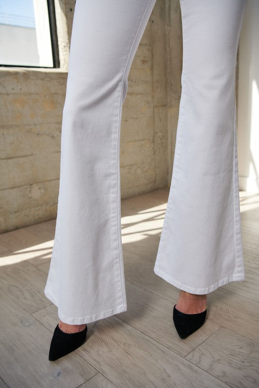 White High Waisted Full Length Denim Flare Pants