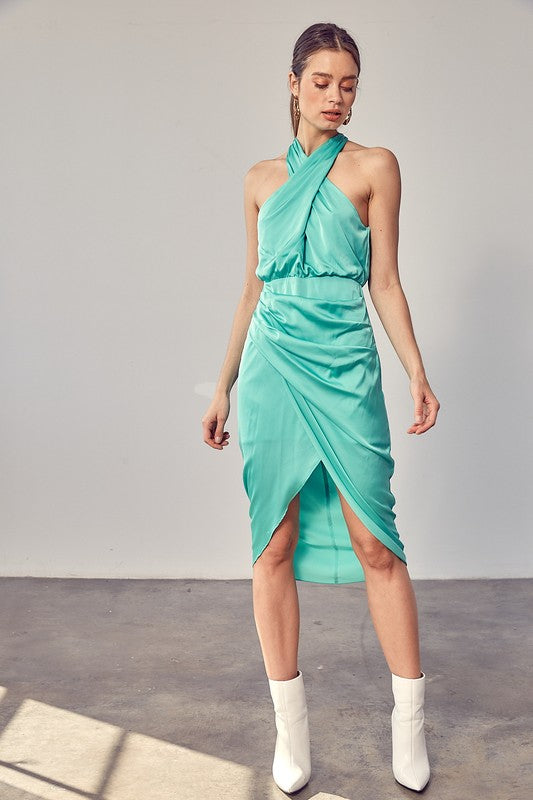 Biscay Green Wrap Cross Neck Dress - steven wick