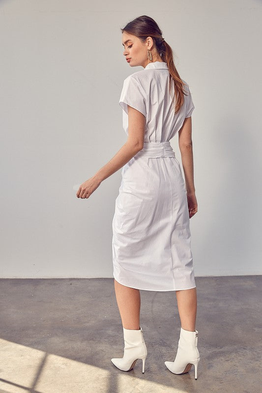 White Sleeveless Collared Front Tie Dress