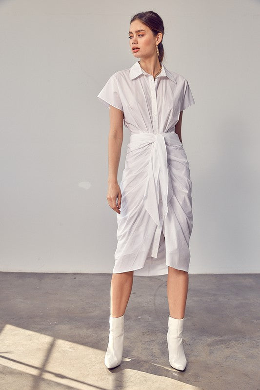 White Sleeveless Collared Front Tie Dress - steven wick