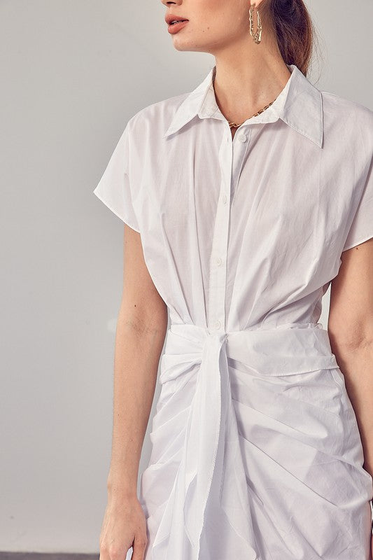White Sleeveless Collared Front Tie Dress - steven wick