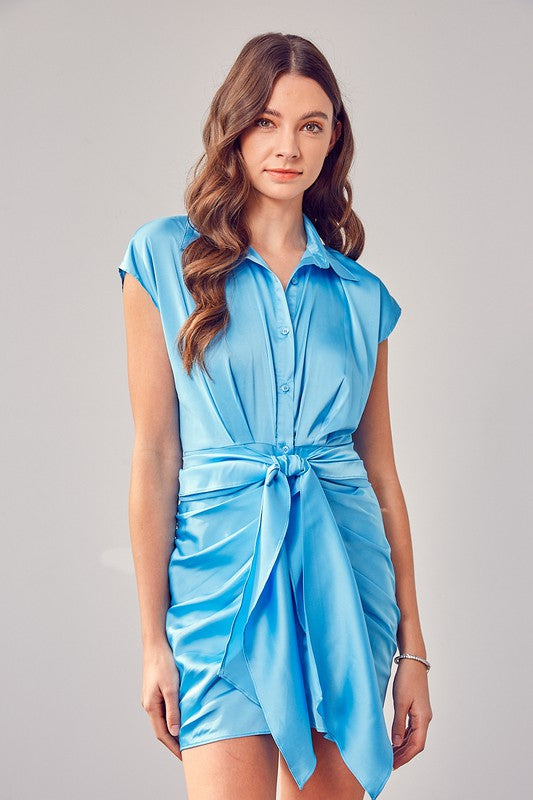 French Blue Sleeveless Collar Front Tie Print Mini Dress