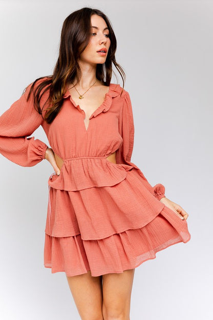 Dusty Peach Ruffle Detail V-Shape Boning Dress - steven wick