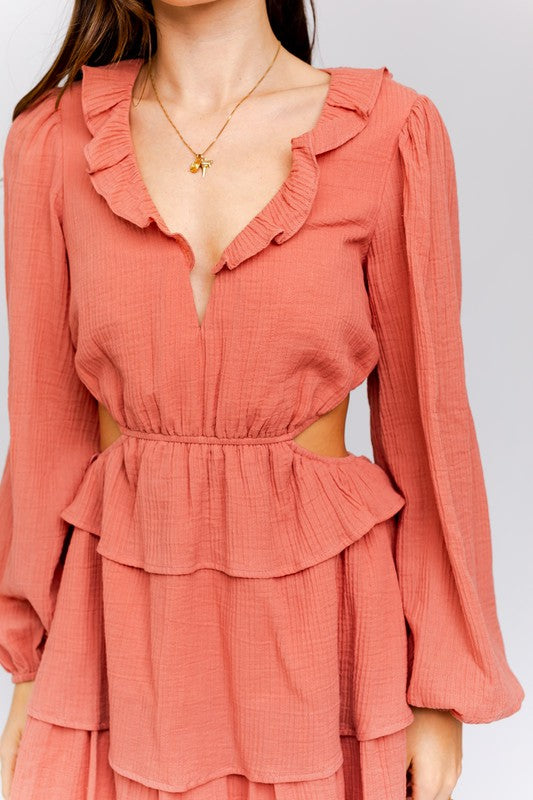 Dusty Peach Ruffle Detail V-Shape Boning Dress - steven wick