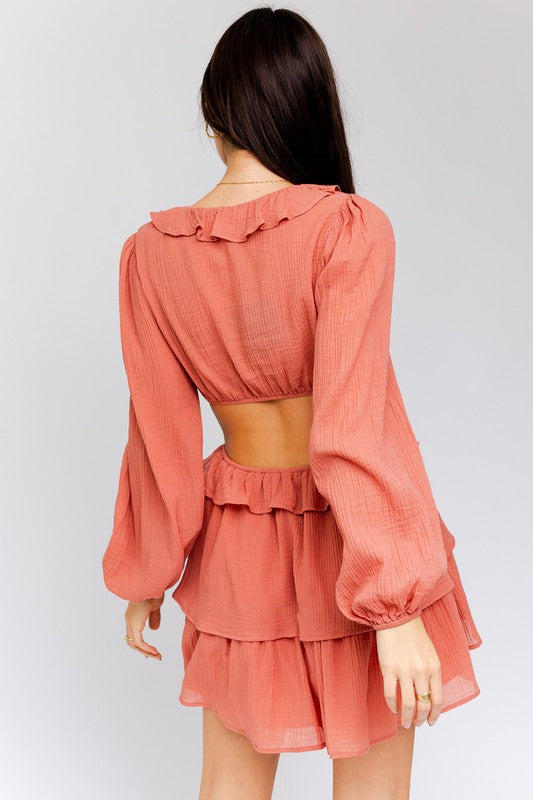 Dusty Peach Ruffle Detail V-Shape Boning Dress - steven wick