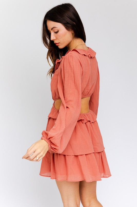 Dusty Peach Ruffle Detail V-Shape Boning Dress - steven wick
