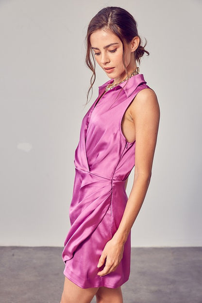 Sleeveless Satin Mini Collared Wrap Dress - steven wick