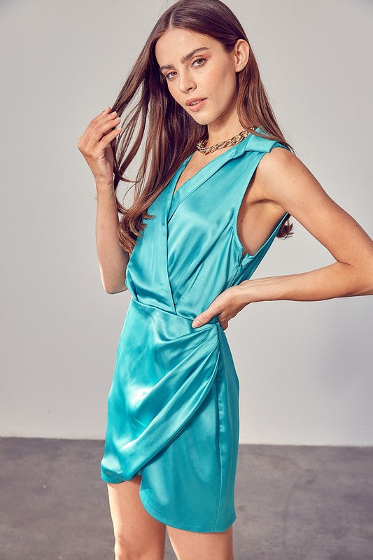Sleeveless Satin Mini Collared Wrap Dress