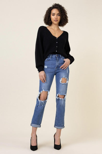Boyfriend High Waist Distressed Denim Jeans - steven wick