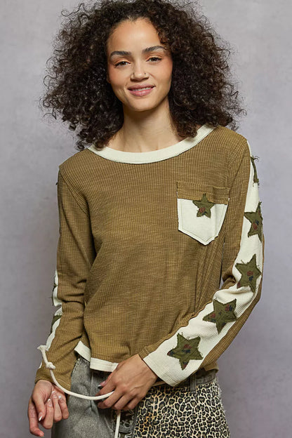 Round Neck Long Sleeved Shirt with Star Patch - steven wick
