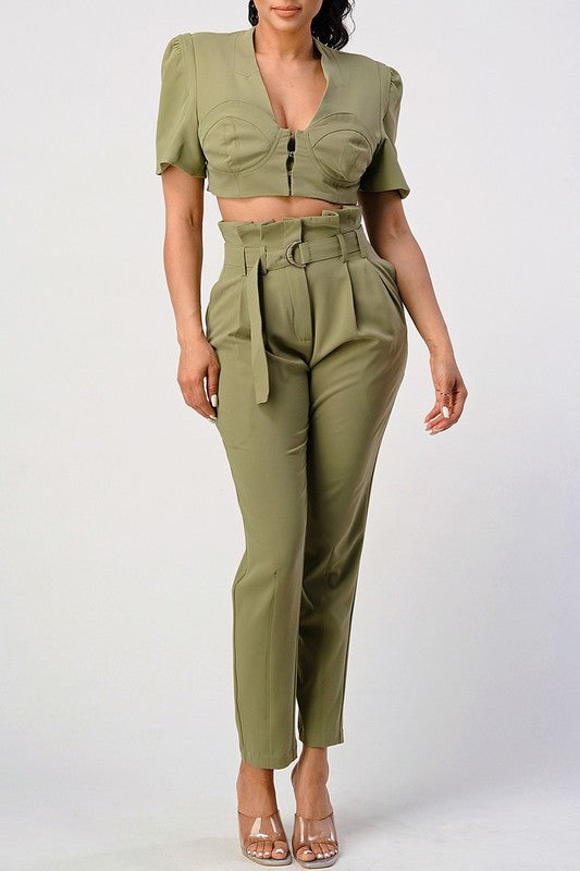 Two Piece Olive Hue Cropped Top And Belted Pant Set - steven wick