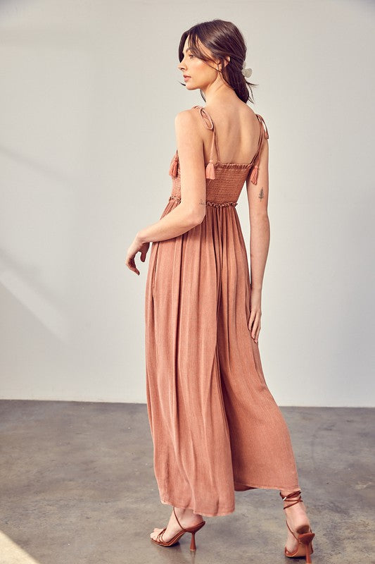 Front Chest V Line Smocked Jumpsuit - steven wick