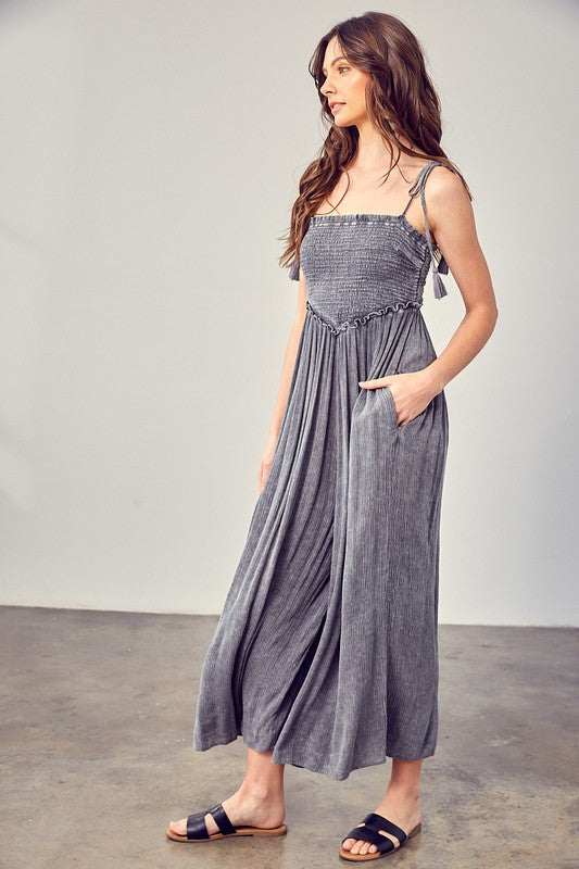 Front Chest V Line Smocked Jumpsuit - steven wick
