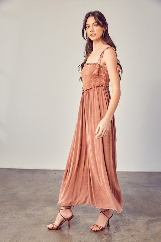 Front Chest V Line Smocked Jumpsuit - steven wick
