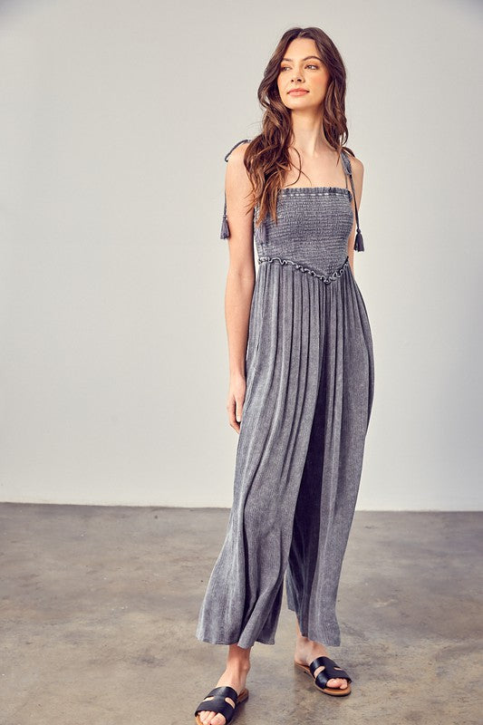 Front Chest V Line Smocked Jumpsuit - steven wick