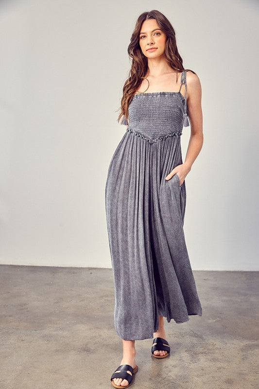 Front Chest V Line Smocked Jumpsuit - steven wick