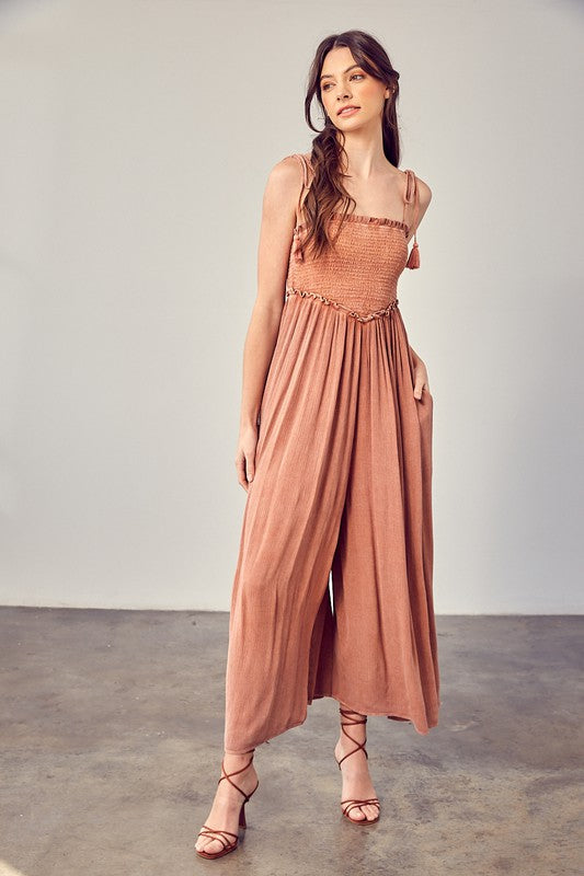 Front Chest V Line Smocked Jumpsuit - steven wick