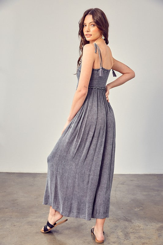 Front Chest V Line Smocked Jumpsuit - steven wick