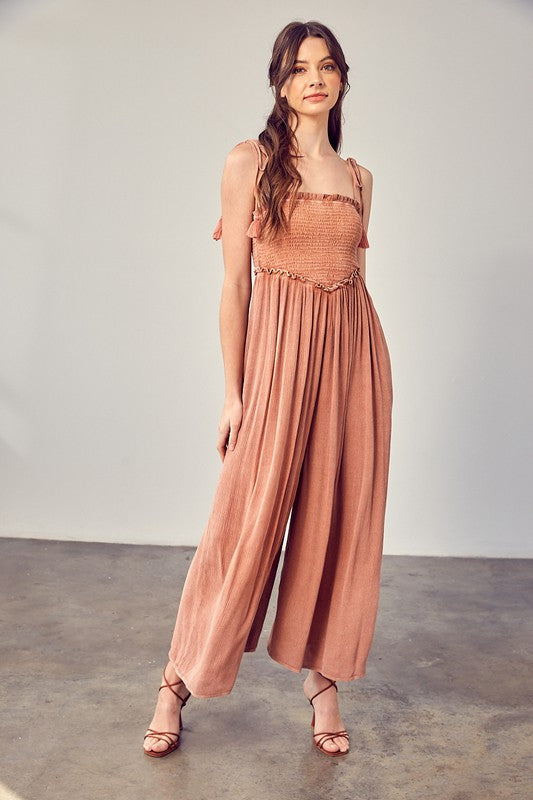 Front Chest V Line Smocked Jumpsuit - steven wick