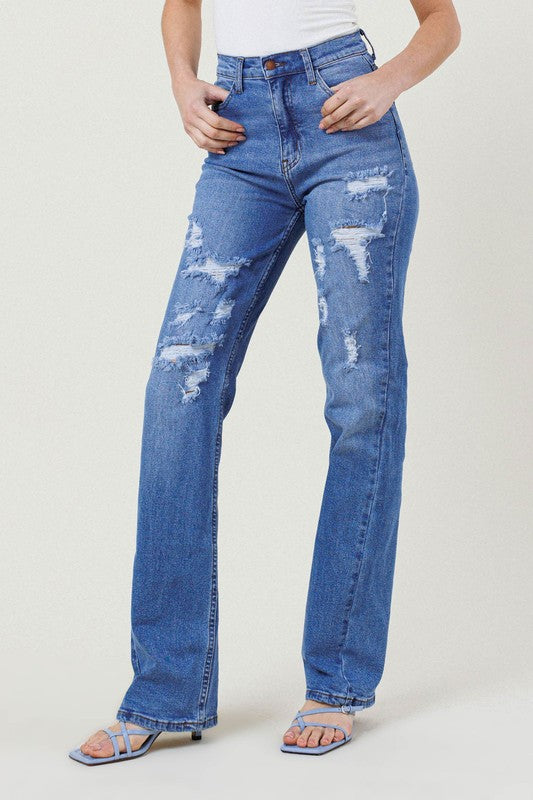 Blue High Rise Distressed Straight Leg Jeans - steven wick