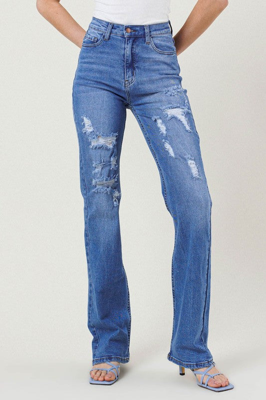 Blue High Rise Distressed Straight Leg Jeans - steven wick