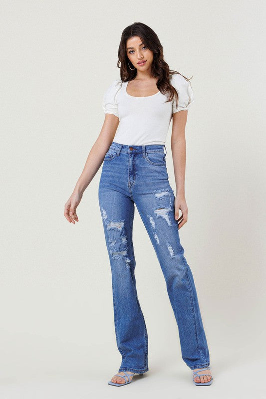 Blue High Rise Distressed Straight Leg Jeans - steven wick