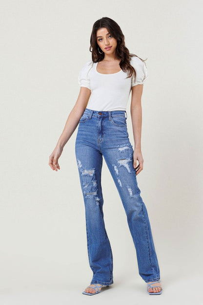 Blue High Rise Distressed Straight Leg Jeans - steven wick
