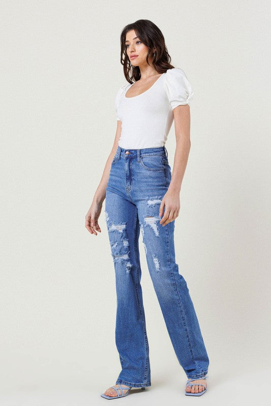 Blue High Rise Distressed Straight Leg Jeans - steven wick